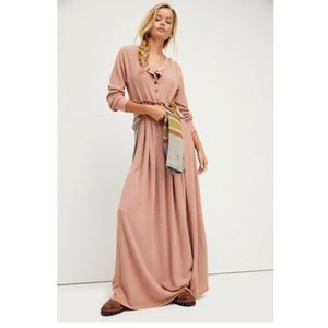 Free People Marissa Henley Dress Pink Waffle Knit Maxi Length Size XS
